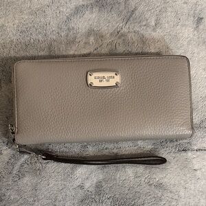 Michael Kors Light Gray Pebbled Leather Large Zip Around Wristlet - ID Window